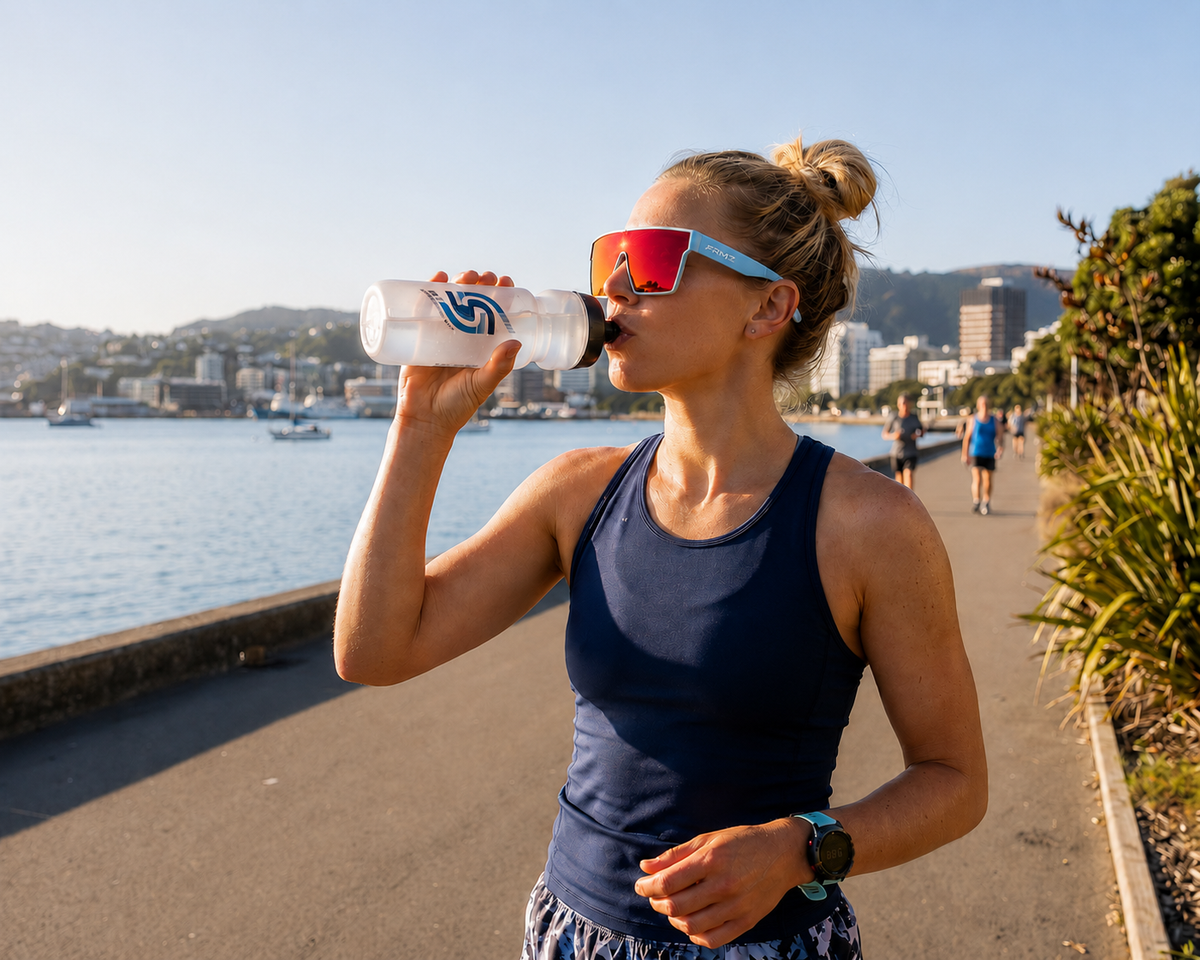 Woman wearing FRMZ baby blue & red mirror polarized shield sunglasses while exercising outdoors on a sunny waterfront in New Zealand.