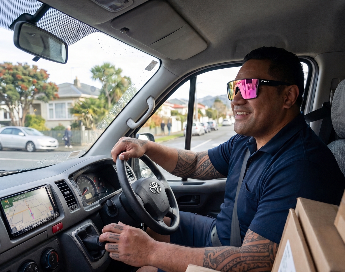 Driver wearing FRMZ pink mirror polarized shield sunglasses while driving in New Zealand, providing UV400 sun protection and glare reduction.