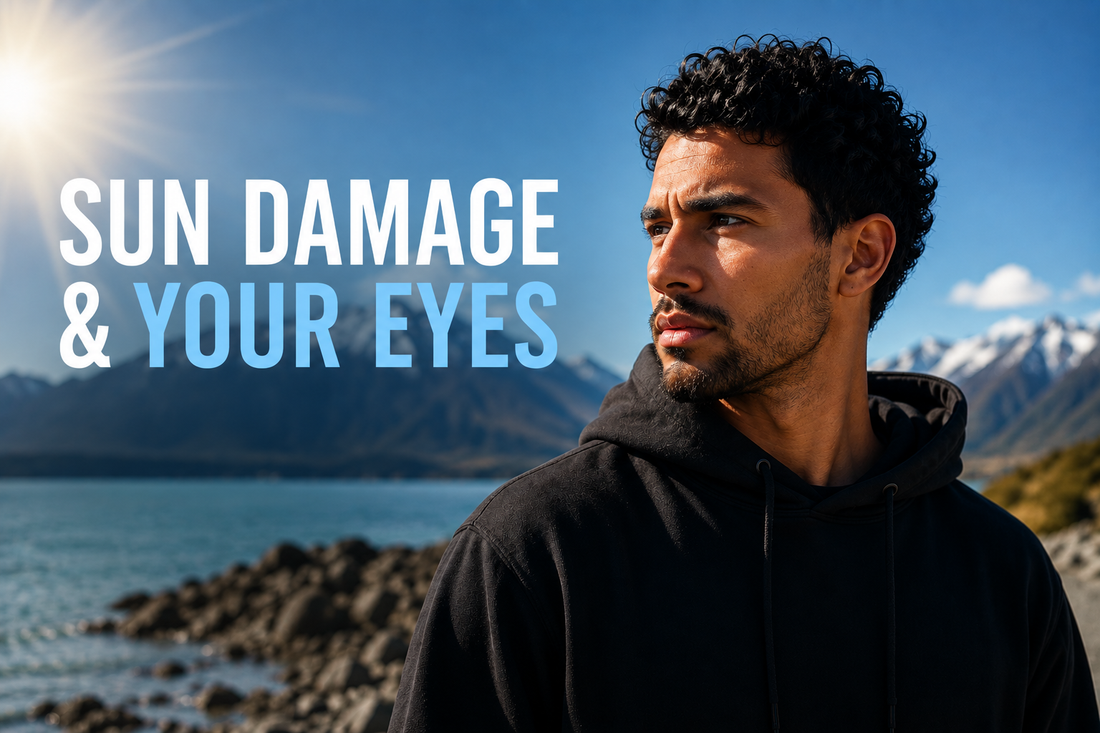 Man outdoors in New Zealand wearing a dark hoodie near mountains and water, illustrating sun damage and UV protection for eyes