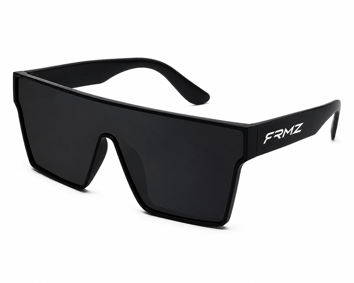 Black sunglasses with 'FRMZ' branding on a black background