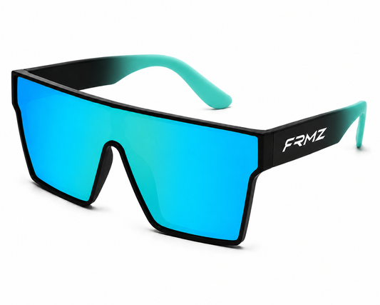 FRMZ Eyewear blue mirrored shield sunglasses with a black TR90 frame and polarized UV400 lens.