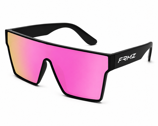 FRMZ pink mirror shield sunglasses with a black lightweight frame, polarized UV400 lenses and oversized one-piece visor design.