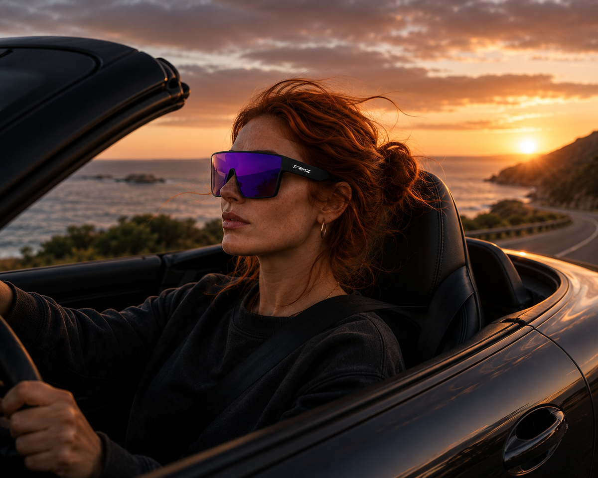 Male model wearing FRMZ black frame sunglasses with purple mirror shield lens
