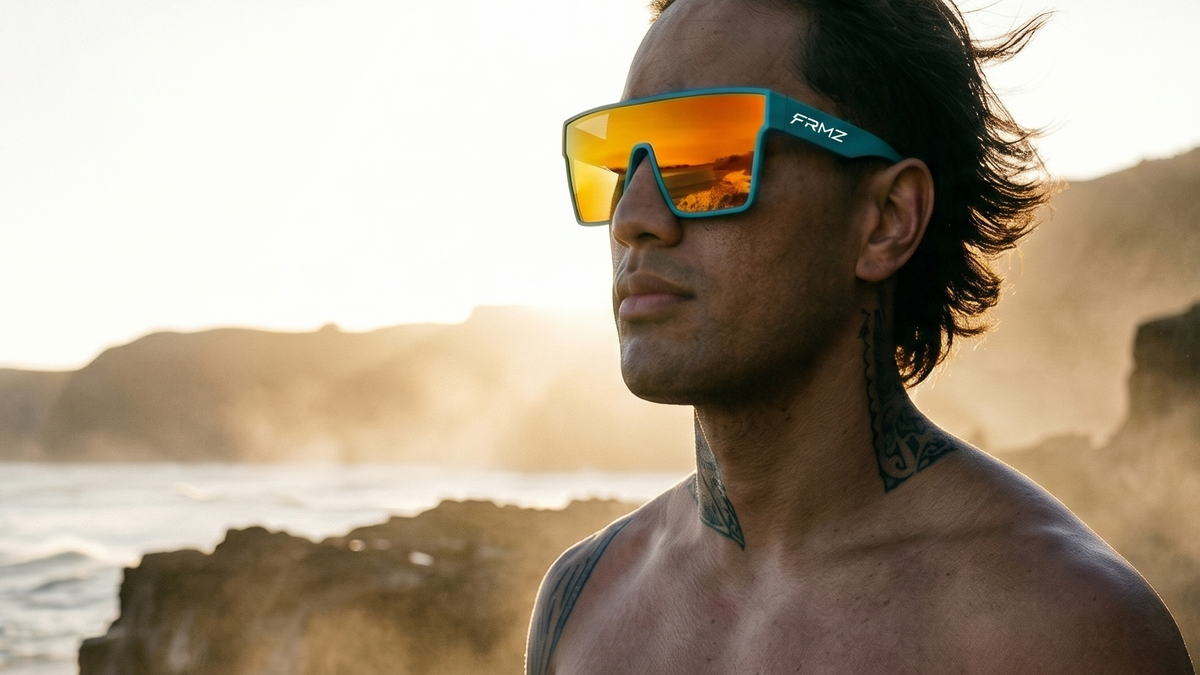 Person wearing FRMZ Eyewear turquoise shield sunglasses with orange mirrored polarized UV400 lenses outdoors.