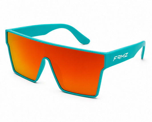 FRMZ Eyewear turquoise shield sunglasses with orange mirrored polarized UV400 lenses.